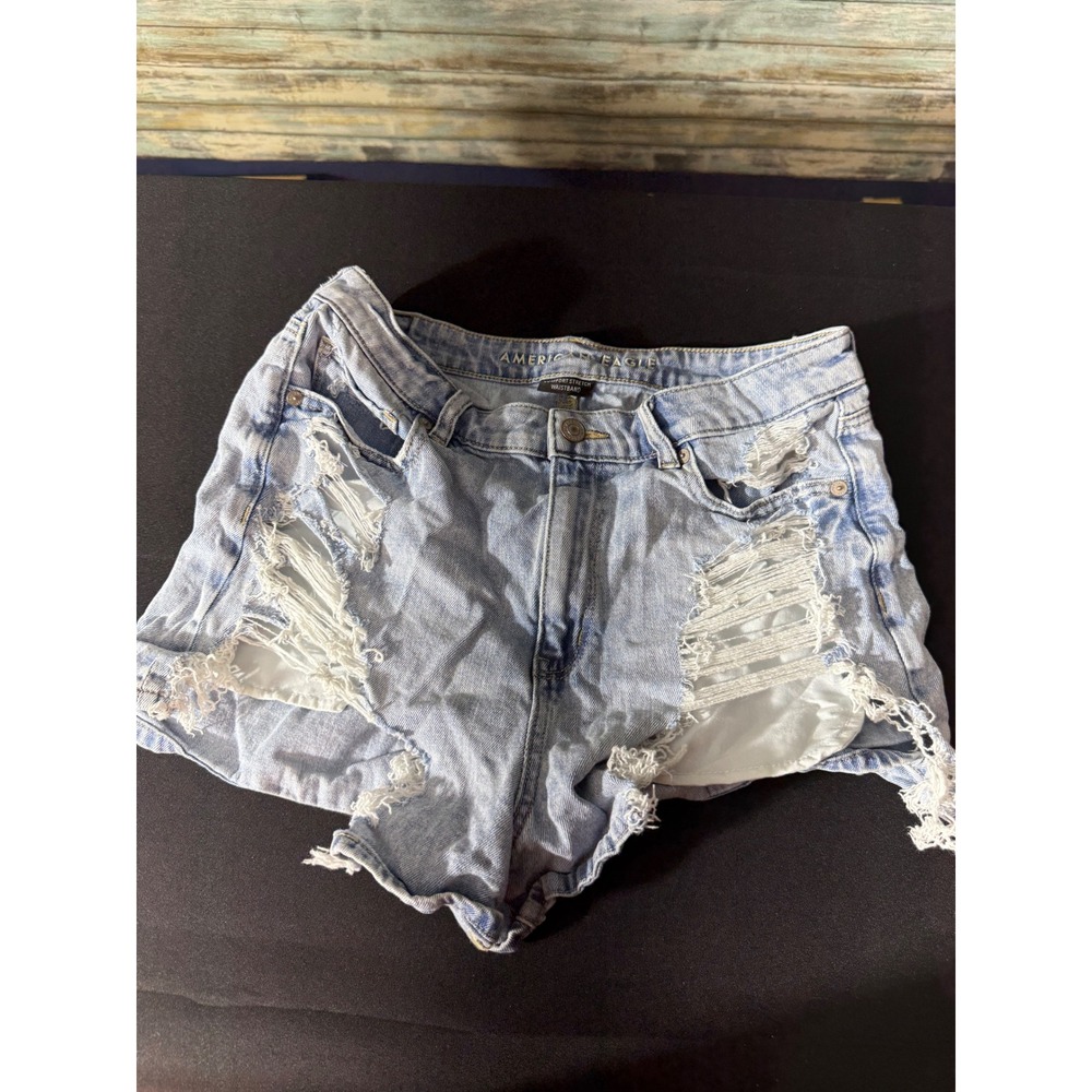 American Eagle Denim Shorts 10 Light Blue Excellent Distressed High Rise Ripped